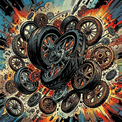 Exploding wheels and gears comic action Comic illustration of various wheels and gears exploding with sound effects HRAAAAK, VROOM, and KRAKA-BOOM
